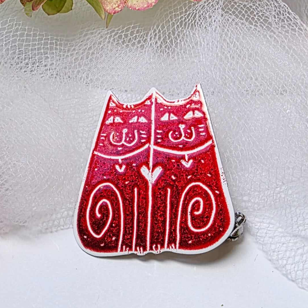 Two Cats Red Brooch