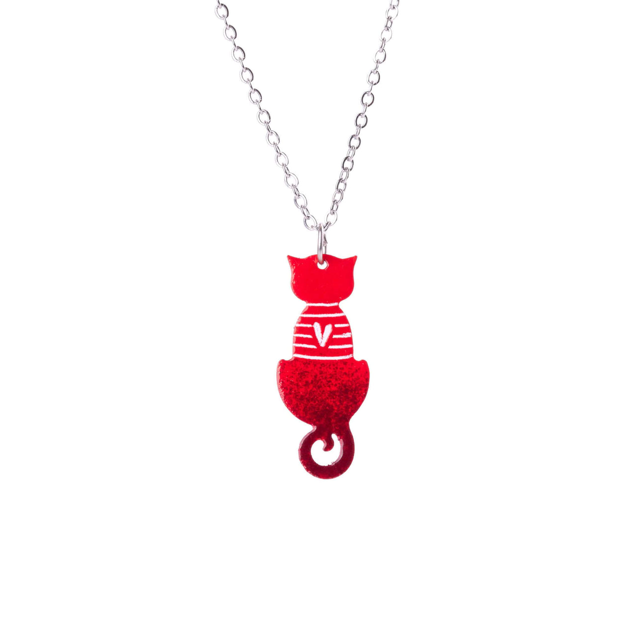 Sitting Red Cat with a Heart and Stripes Necklace