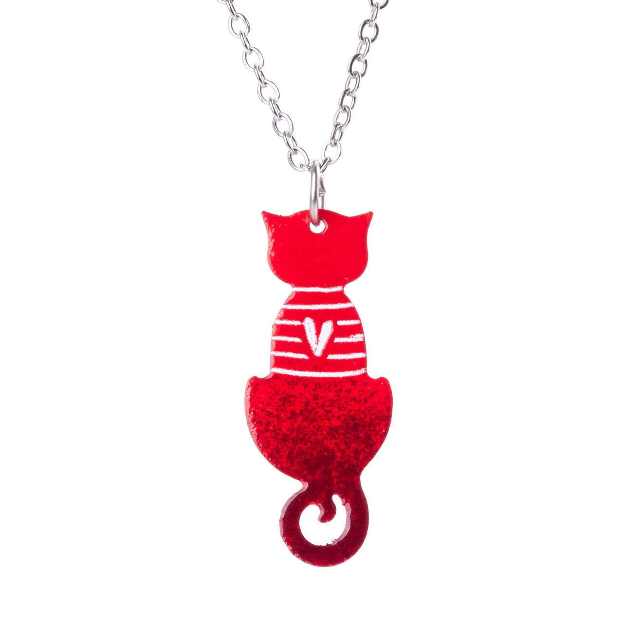 Sitting Red Cat with a Heart and Stripes Necklace