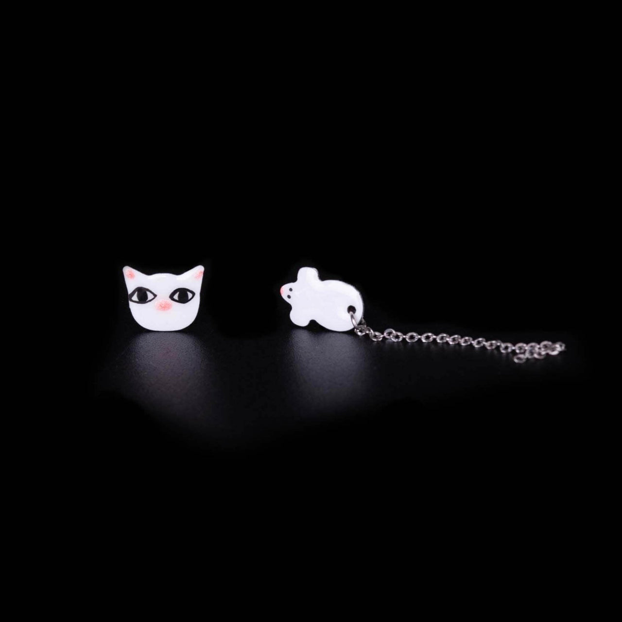 funny handmade cat and mouse with a dangle chain tail post earrings