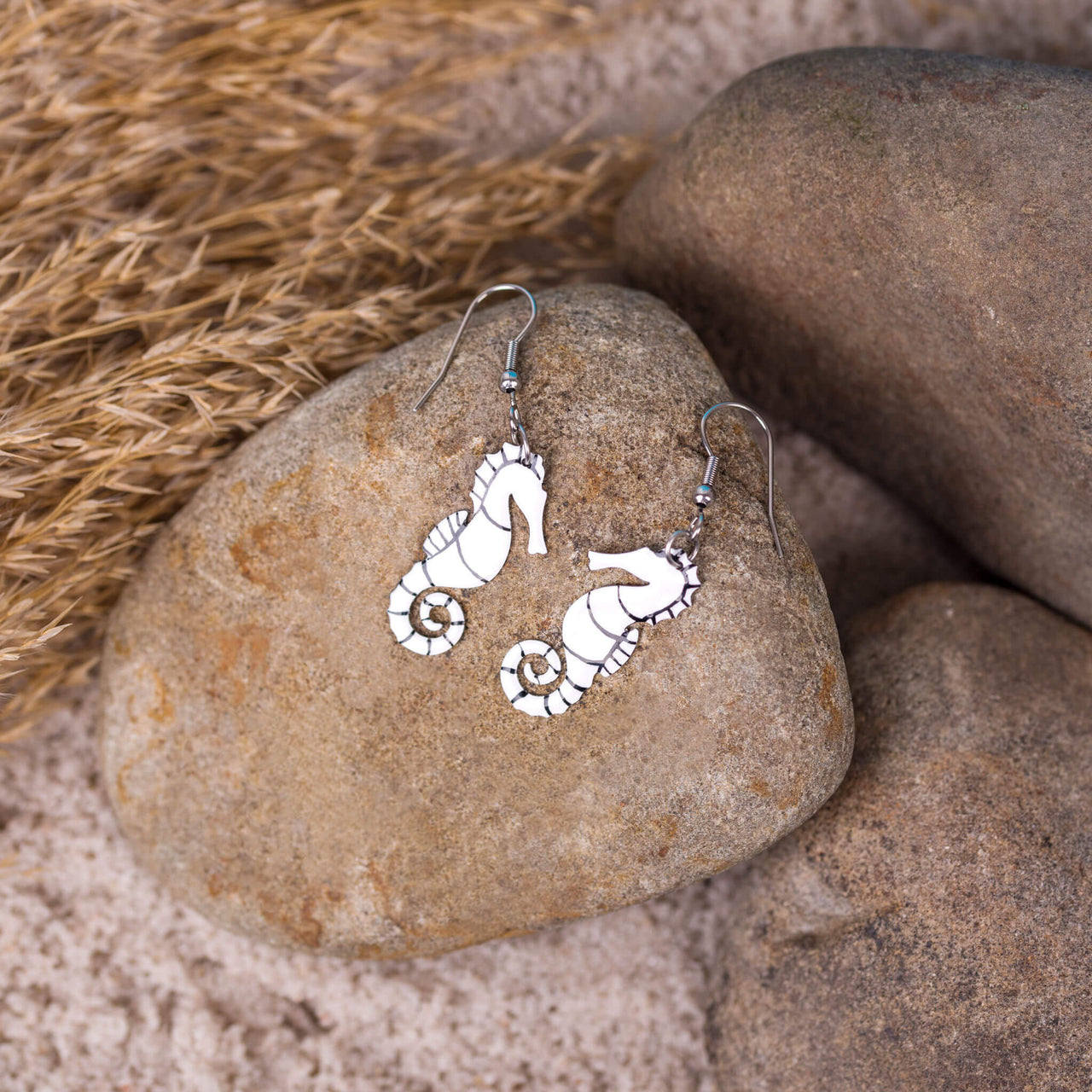 White seahorse earrings - enamel on stainless steel