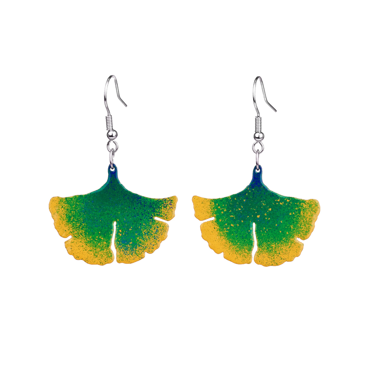 quirky handmade colorful green and yellow ginkgo earrings in vivid colours