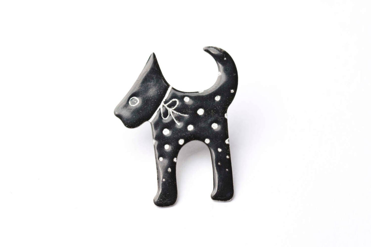 Black Dog Brooch with Polka Dots