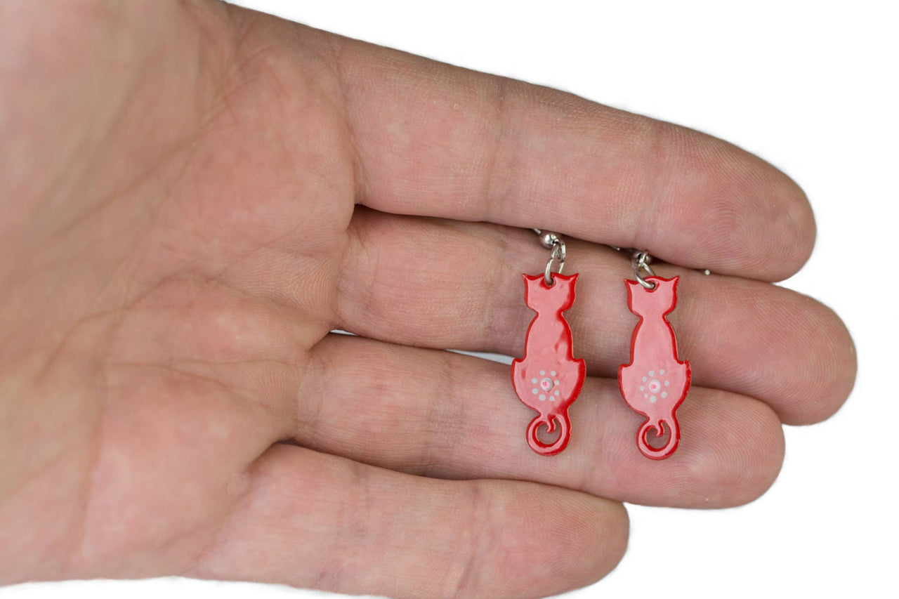 Cat Earrings with Heart and Polka Dots