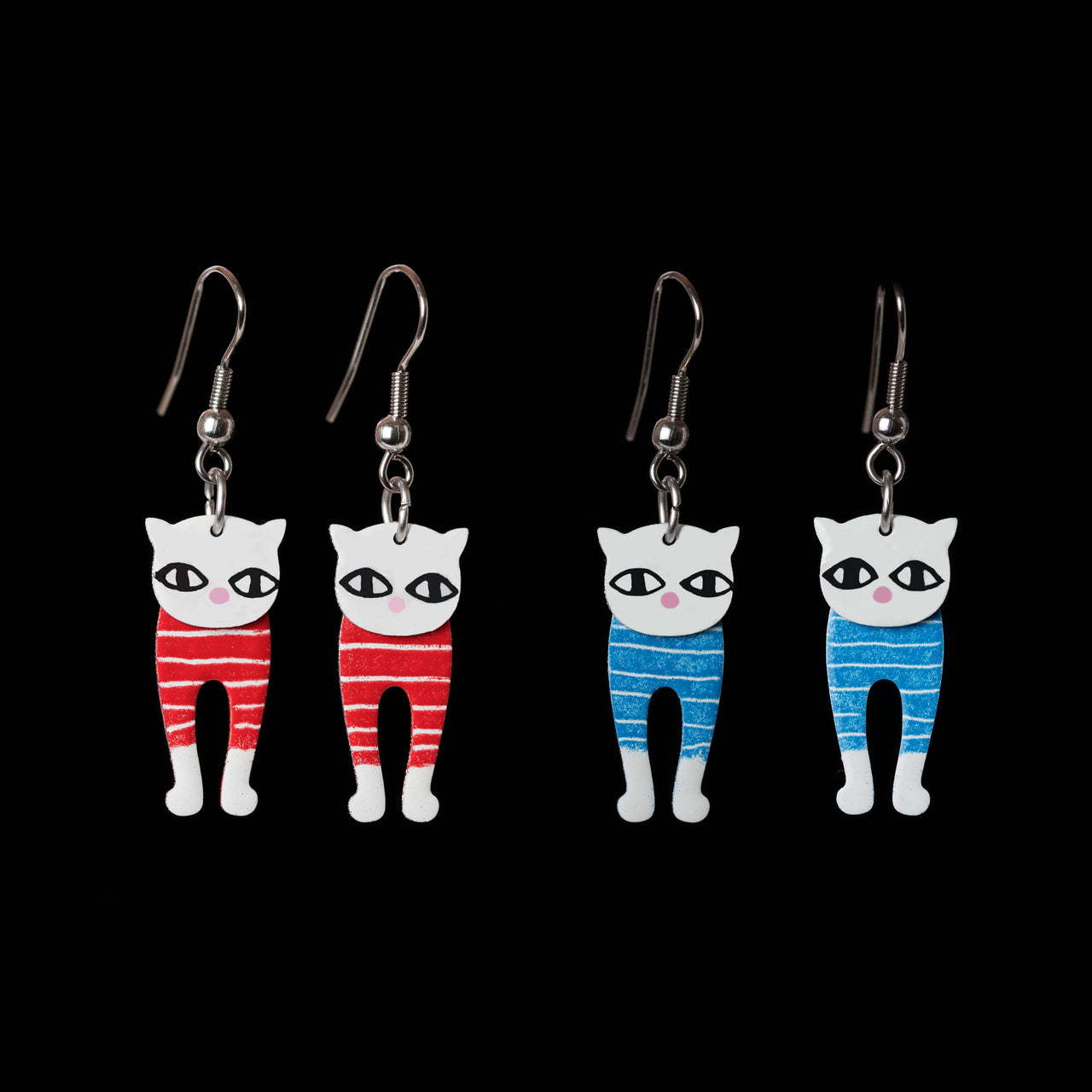 Blue Cat Earrings with Stripes