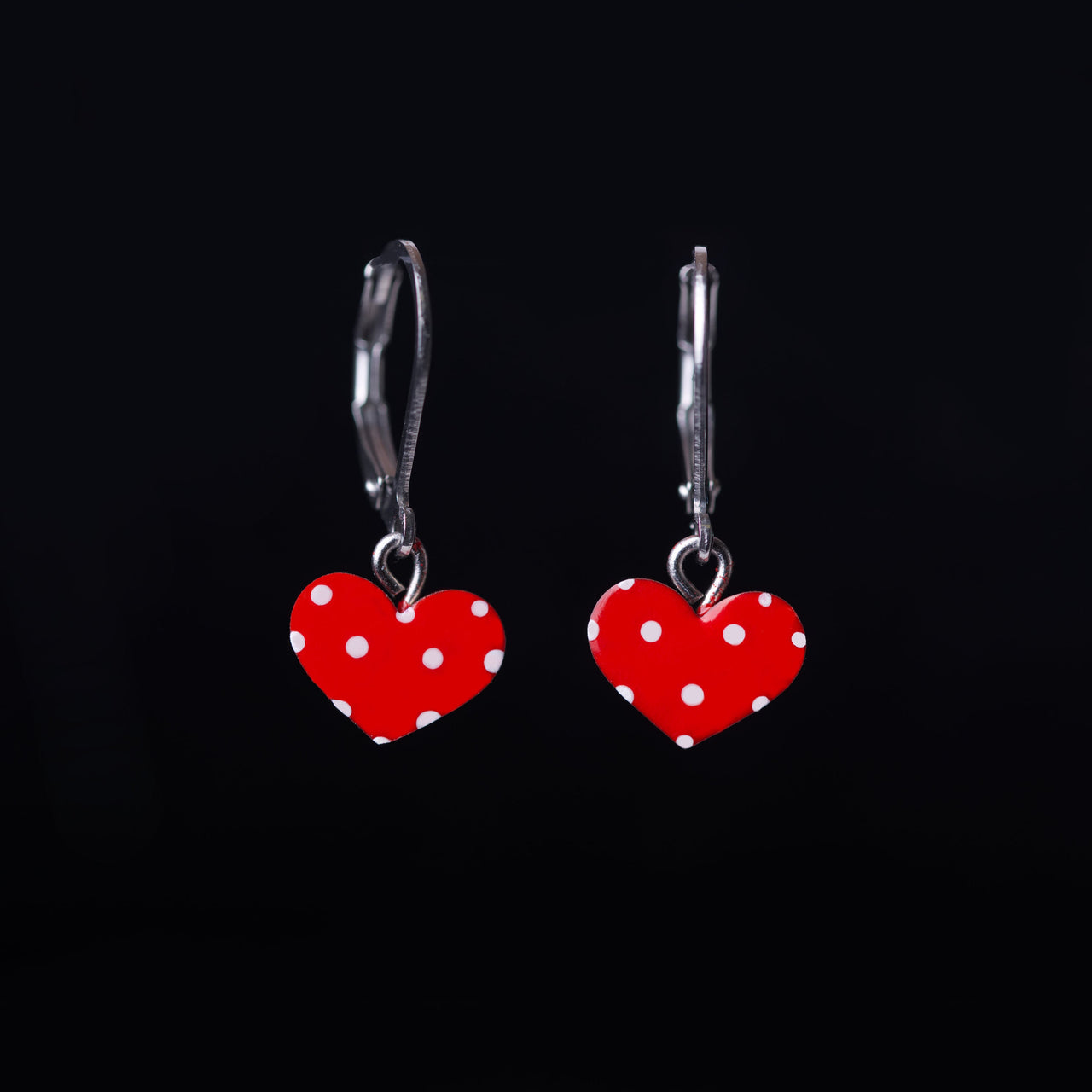 Red Heart Leverback Earrings with Polka Dots