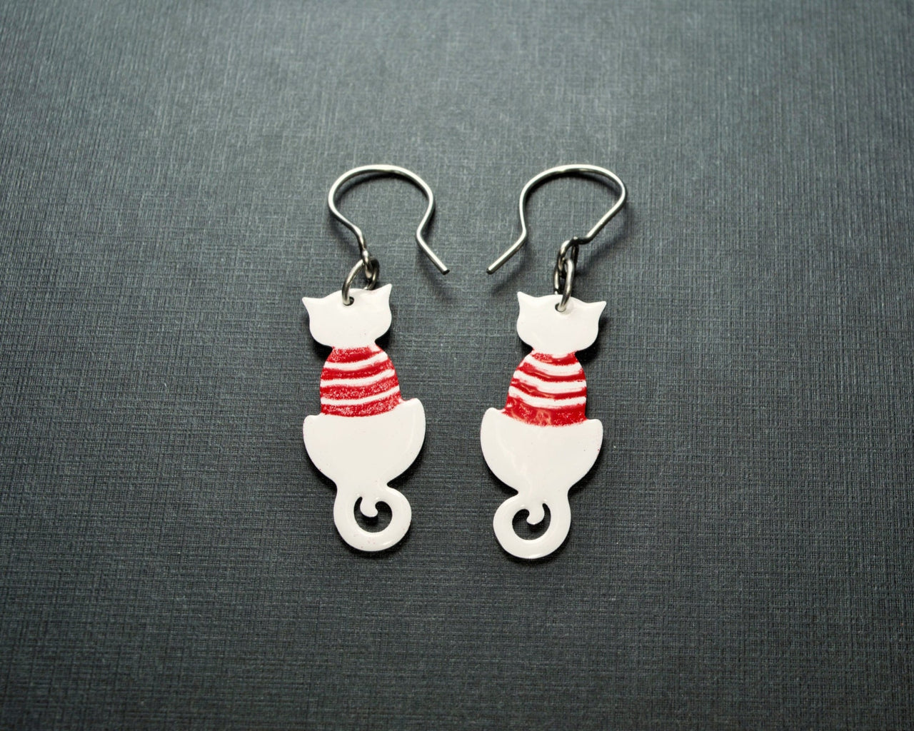 Cat Earrings with Red Stripes
