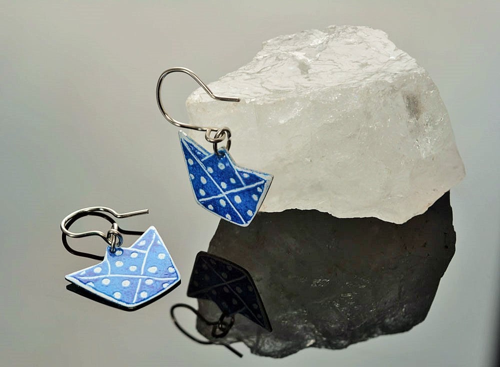 Blue Boat Origami Earrings