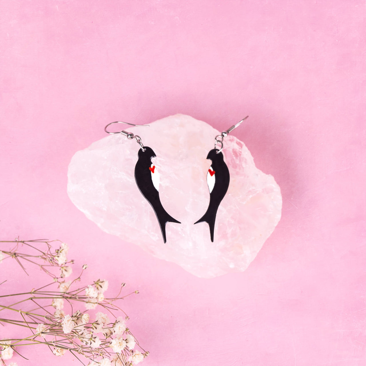 Black and White Swallow Earrings with Red Heart